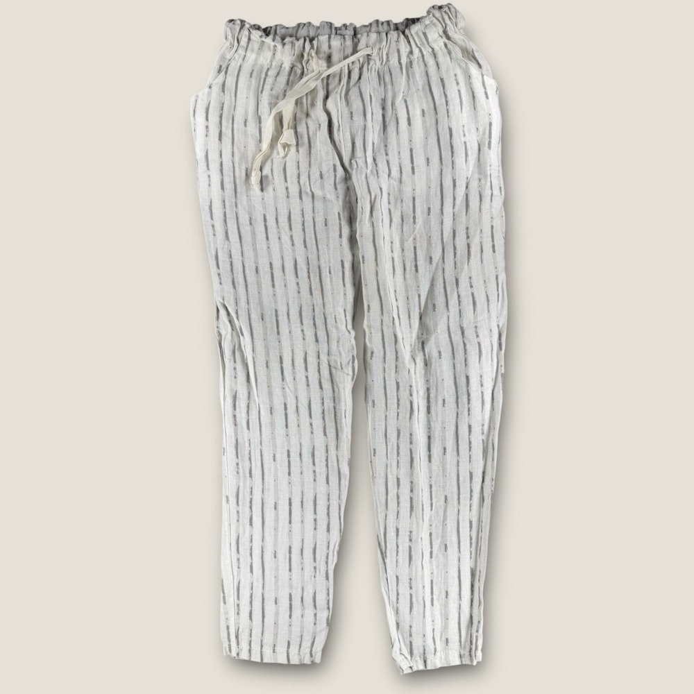 Nina Kendosa Paris 100% Linen Pants‎ Italy Gray White Striped Elastic Waist